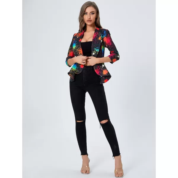 WDIRARA Women's Printed Open Front 3/4 Sleeve Blazer Ruffle Jacket Outerwear