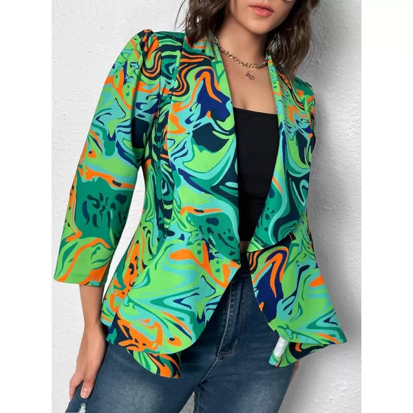 WDIRARA Women's Printed Open Front 3/4 Sleeve Blazer Ruffle Jacket Outerwear