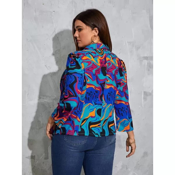 WDIRARA Women's Printed Open Front 3/4 Sleeve Blazer Ruffle Jacket Outerwear