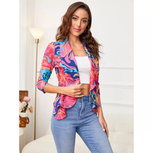WDIRARA Women's Printed Open Front 3/4 Sleeve Blazer Ruffle Jacket Outerwear