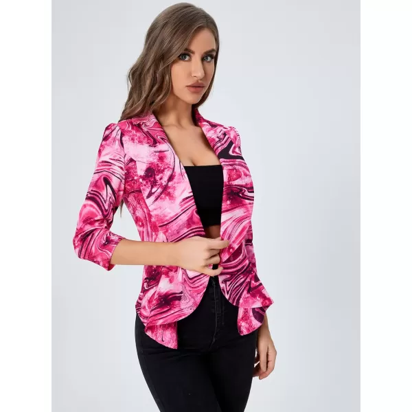 WDIRARA Women's Printed Open Front 3/4 Sleeve Blazer Ruffle Jacket Outerwear