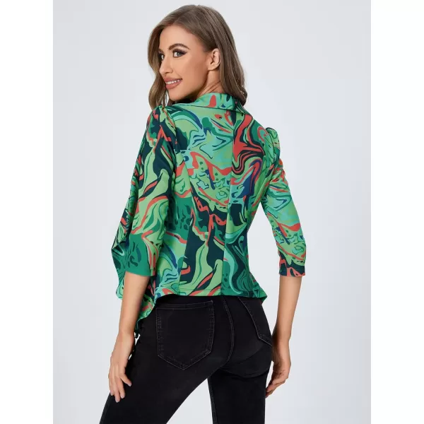 WDIRARA Women's Printed Open Front 3/4 Sleeve Blazer Ruffle Jacket Outerwear