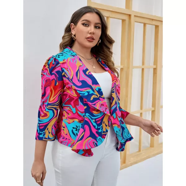 WDIRARA Women's Printed Open Front 3/4 Sleeve Blazer Ruffle Jacket Outerwear