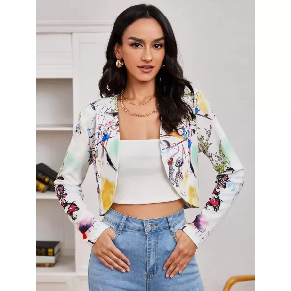WDIRARA Women's Printed Open Front 3/4 Sleeve Blazer Ruffle Jacket Outerwear