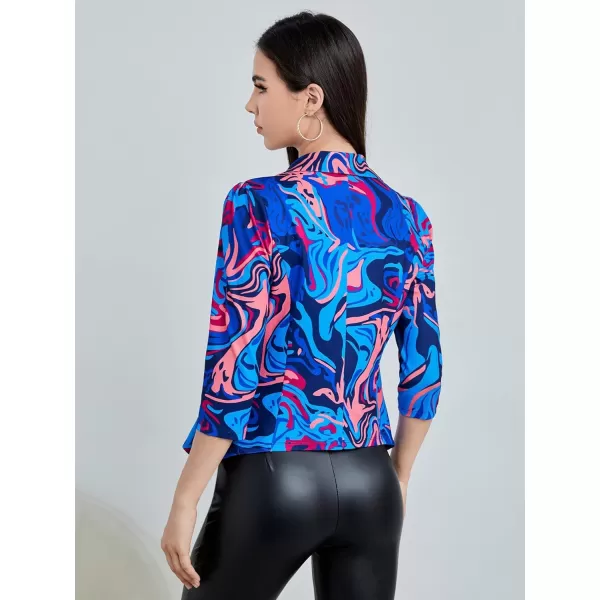 WDIRARA Women's Printed Open Front 3/4 Sleeve Blazer Ruffle Jacket Outerwear