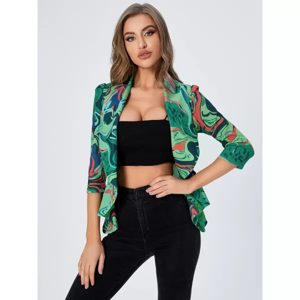 WDIRARA Women's Printed Open Front 3/4 Sleeve Blazer Ruffle Jacket Outerwear