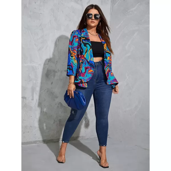 WDIRARA Women's Printed Open Front 3/4 Sleeve Blazer Ruffle Jacket Outerwear