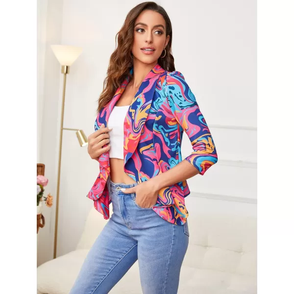 WDIRARA Women's Printed Open Front 3/4 Sleeve Blazer Ruffle Jacket Outerwear