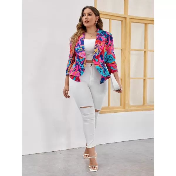 WDIRARA Women's Printed Open Front 3/4 Sleeve Blazer Ruffle Jacket Outerwear