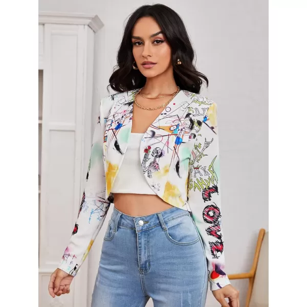 WDIRARA Women's Printed Open Front 3/4 Sleeve Blazer Ruffle Jacket Outerwear