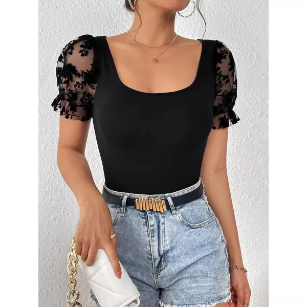WDIRARA Women's Puff Sleeve Square Neck Short Sleeve Elegant Tee Top
