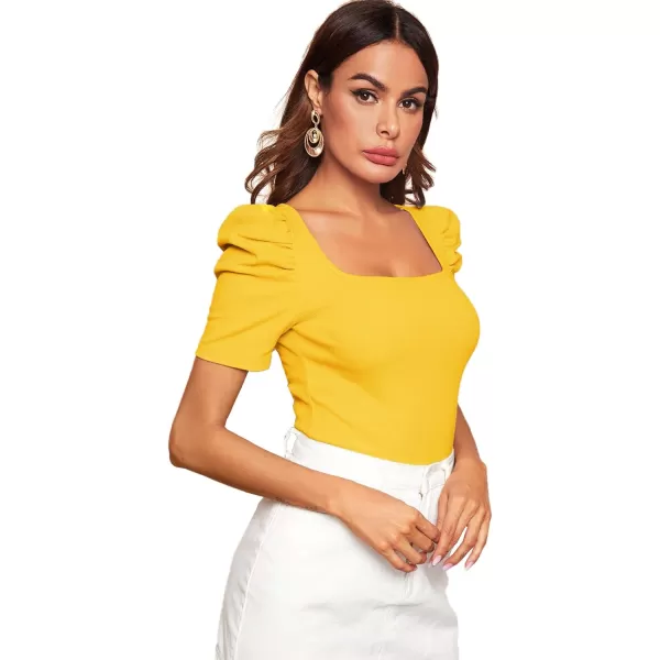 WDIRARA Women's Puff Sleeve Square Neck Short Sleeve Elegant Tee Top