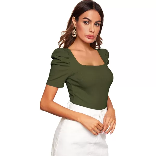 WDIRARA Women's Puff Sleeve Square Neck Short Sleeve Elegant Tee Top