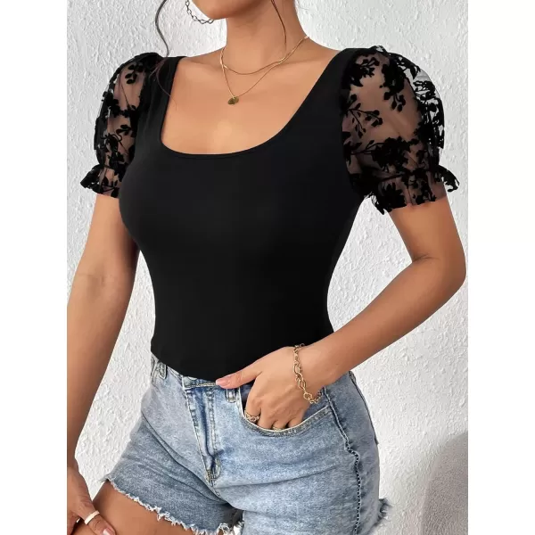 WDIRARA Women's Puff Sleeve Square Neck Short Sleeve Elegant Tee Top