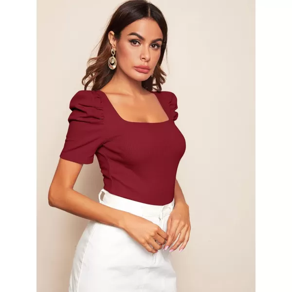 WDIRARA Women's Puff Sleeve Square Neck Short Sleeve Elegant Tee Top