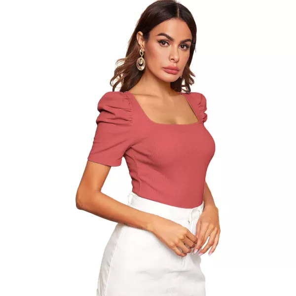 WDIRARA Women's Puff Sleeve Square Neck Short Sleeve Elegant Tee Top