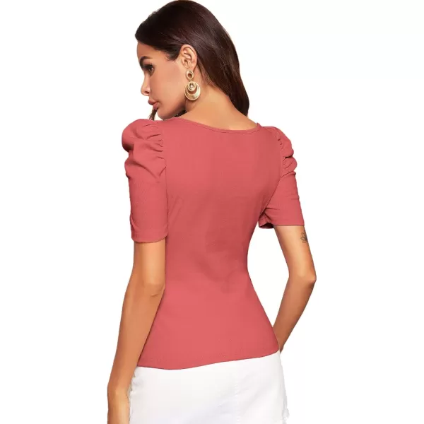 WDIRARA Women's Puff Sleeve Square Neck Short Sleeve Elegant Tee Top