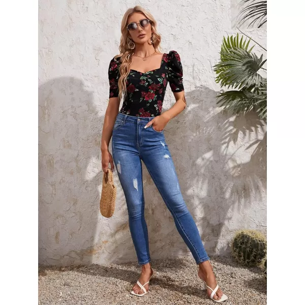 WDIRARA Women's Puff Sleeve Square Neck Short Sleeve Elegant Tee Top