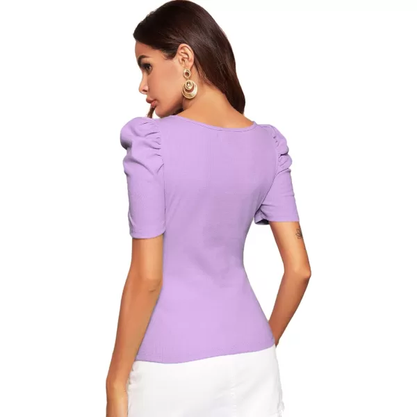 WDIRARA Women's Puff Sleeve Square Neck Short Sleeve Elegant Tee Top