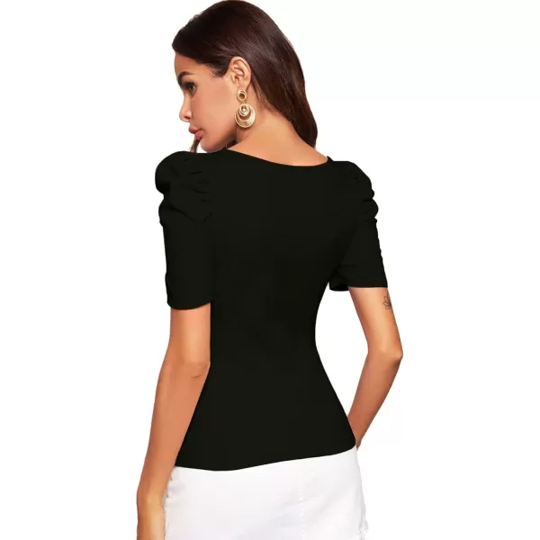 WDIRARA Women's Puff Sleeve Square Neck Short Sleeve Elegant Tee Top