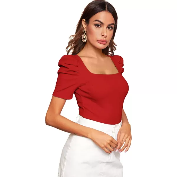 WDIRARA Women's Puff Sleeve Square Neck Short Sleeve Elegant Tee Top