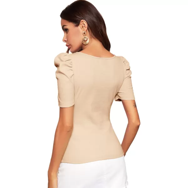 WDIRARA Women's Puff Sleeve Square Neck Short Sleeve Elegant Tee Top