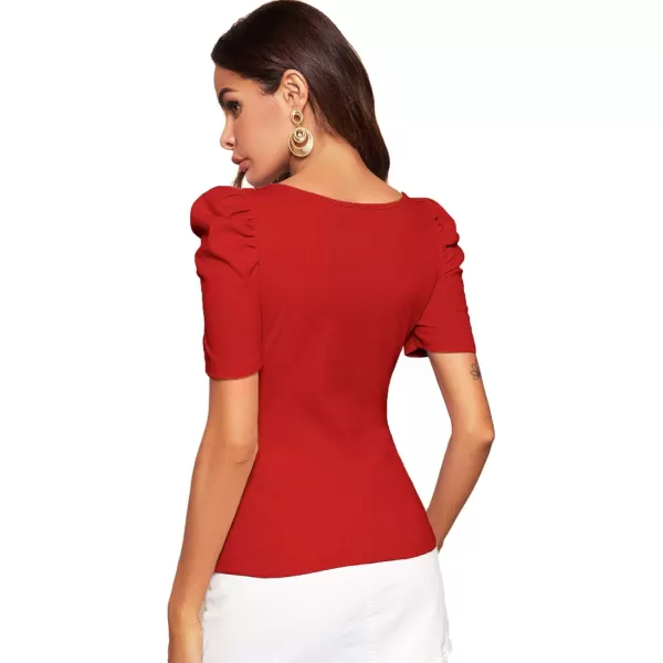 WDIRARA Women's Puff Sleeve Square Neck Short Sleeve Elegant Tee Top