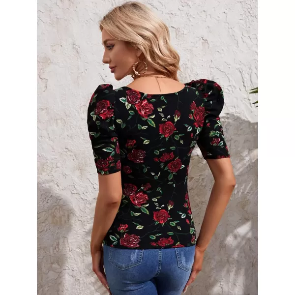 WDIRARA Women's Puff Sleeve Square Neck Short Sleeve Elegant Tee Top
