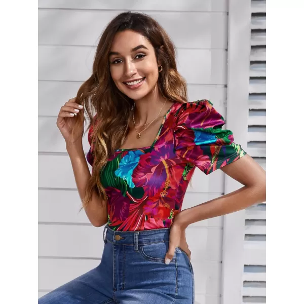 WDIRARA Women's Puff Sleeve Square Neck Short Sleeve Elegant Tee Top