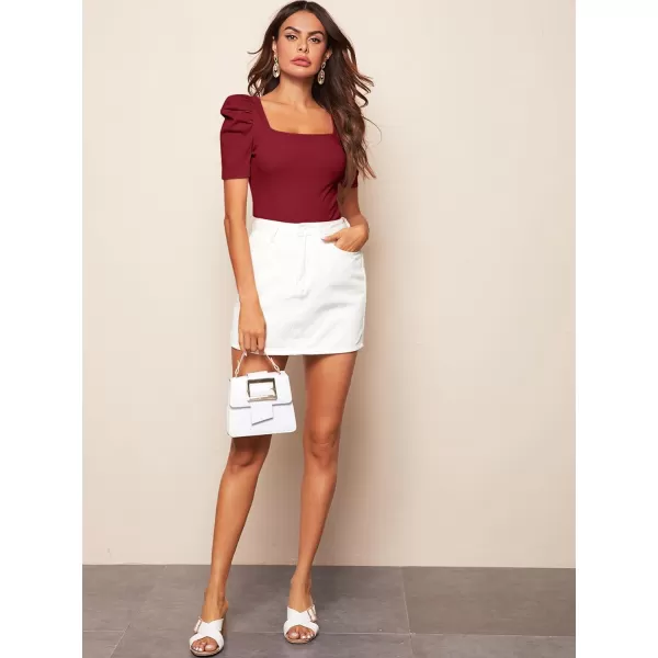 WDIRARA Women's Puff Sleeve Square Neck Short Sleeve Elegant Tee Top