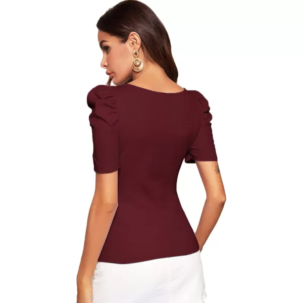 WDIRARA Women's Puff Sleeve Square Neck Short Sleeve Elegant Tee Top