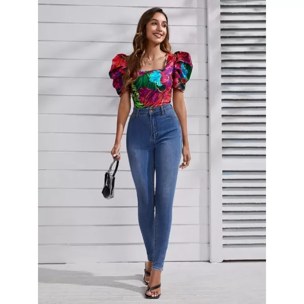 WDIRARA Women's Puff Sleeve Square Neck Short Sleeve Elegant Tee Top