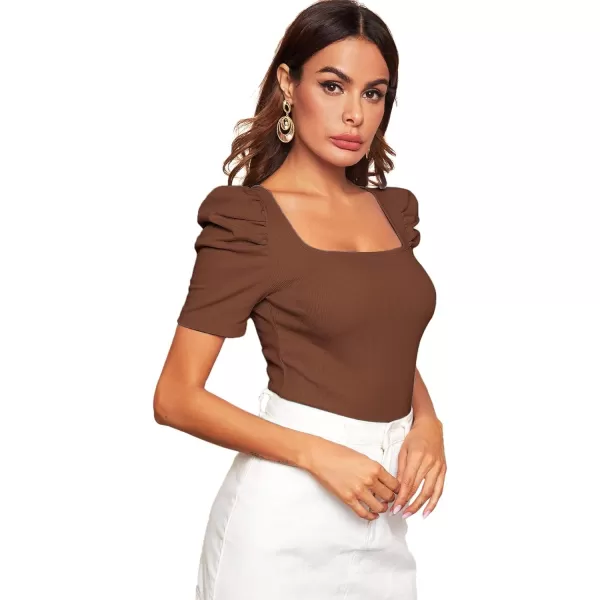 WDIRARA Women's Puff Sleeve Square Neck Short Sleeve Elegant Tee Top