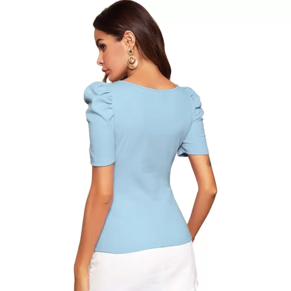 WDIRARA Women's Puff Sleeve Square Neck Short Sleeve Elegant Tee Top