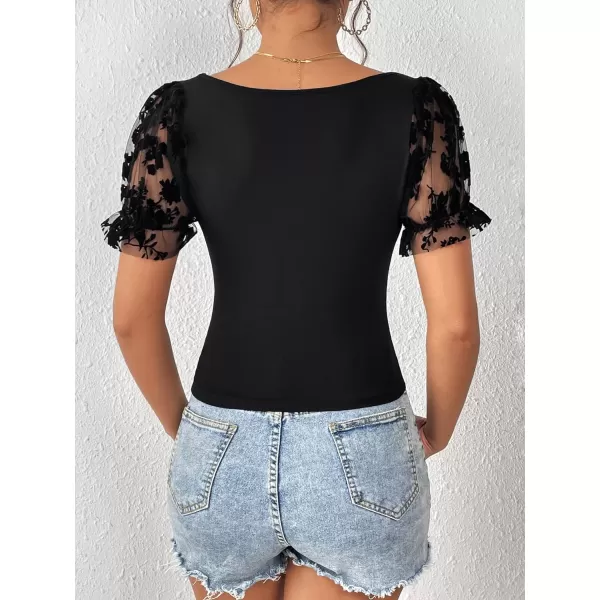 WDIRARA Women's Puff Sleeve Square Neck Short Sleeve Elegant Tee Top