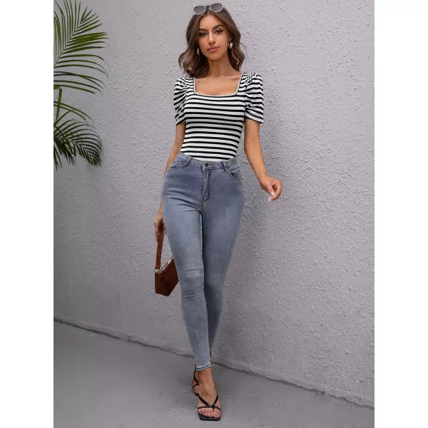 WDIRARA Women's Puff Sleeve Square Neck Short Sleeve Elegant Tee Top
