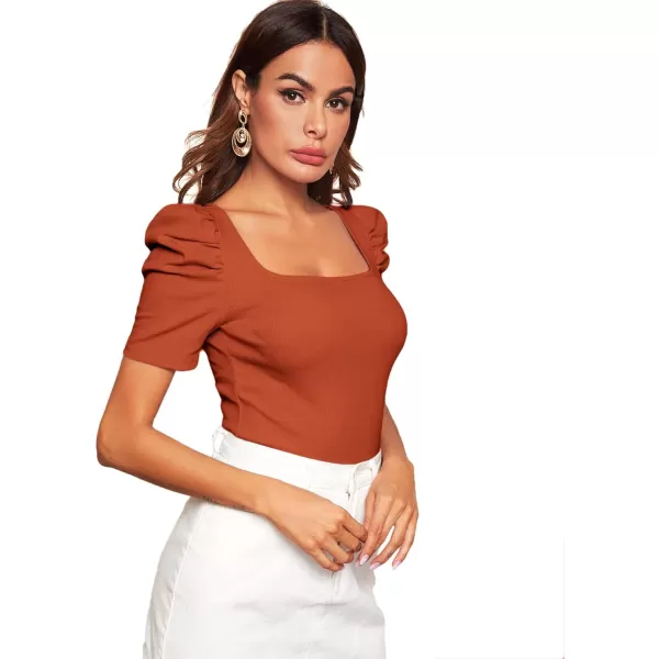 WDIRARA Women's Puff Sleeve Square Neck Short Sleeve Elegant Tee Top