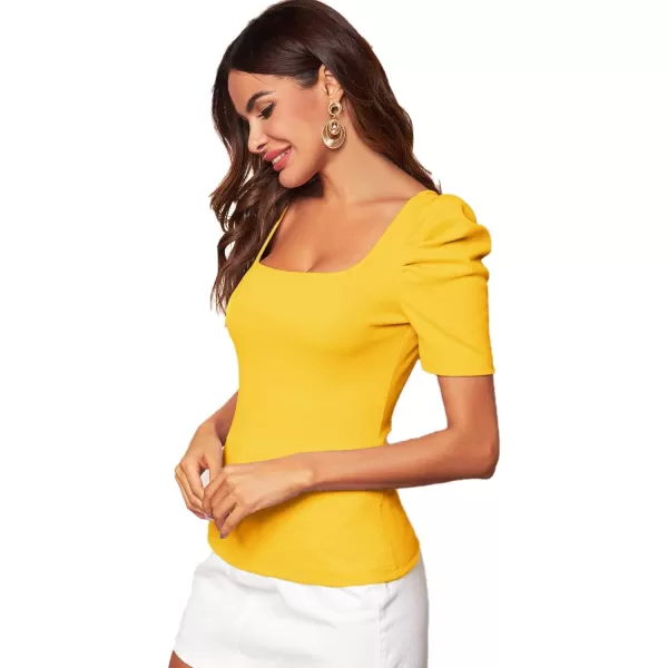 WDIRARA Women's Puff Sleeve Square Neck Short Sleeve Elegant Tee Top