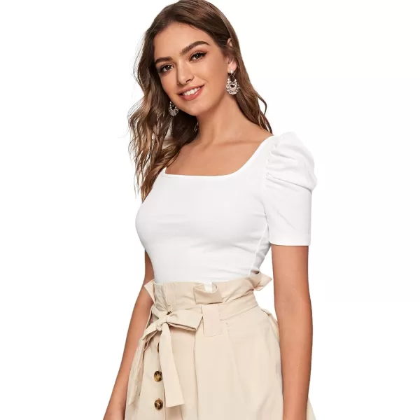 WDIRARA Women's Puff Sleeve Square Neck Short Sleeve Elegant Tee Top