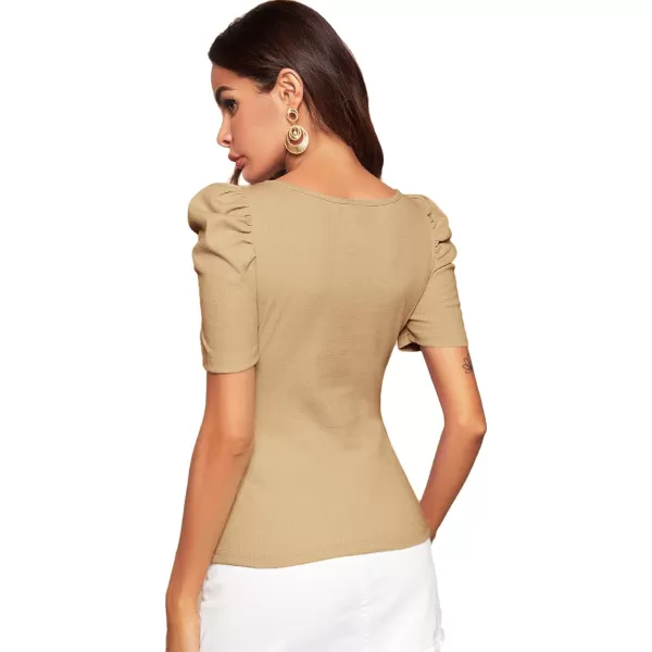 WDIRARA Women's Puff Sleeve Square Neck Short Sleeve Elegant Tee Top