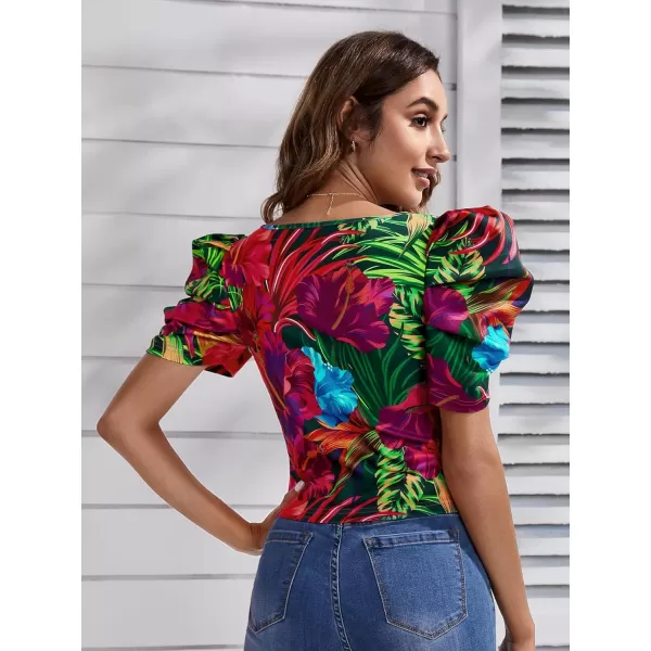 WDIRARA Women's Puff Sleeve Square Neck Short Sleeve Elegant Tee Top