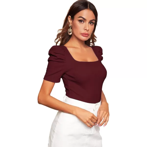 WDIRARA Women's Puff Sleeve Square Neck Short Sleeve Elegant Tee Top