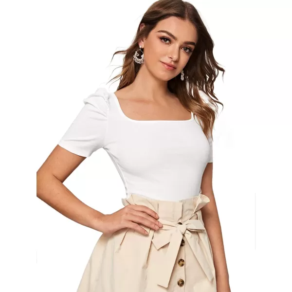 WDIRARA Women's Puff Sleeve Square Neck Short Sleeve Elegant Tee Top