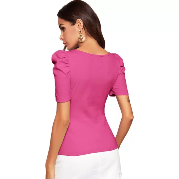WDIRARA Women's Puff Sleeve Square Neck Short Sleeve Elegant Tee Top
