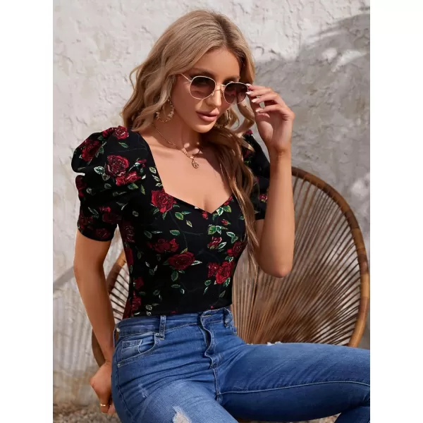WDIRARA Women's Puff Sleeve Square Neck Short Sleeve Elegant Tee Top