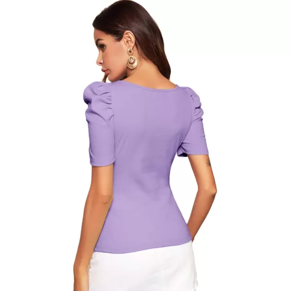 WDIRARA Women's Puff Sleeve Square Neck Short Sleeve Elegant Tee Top