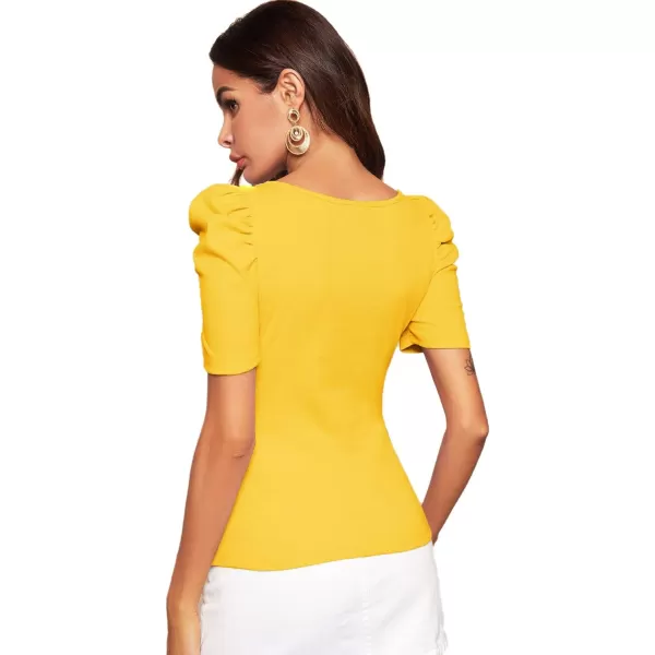 WDIRARA Women's Puff Sleeve Square Neck Short Sleeve Elegant Tee Top