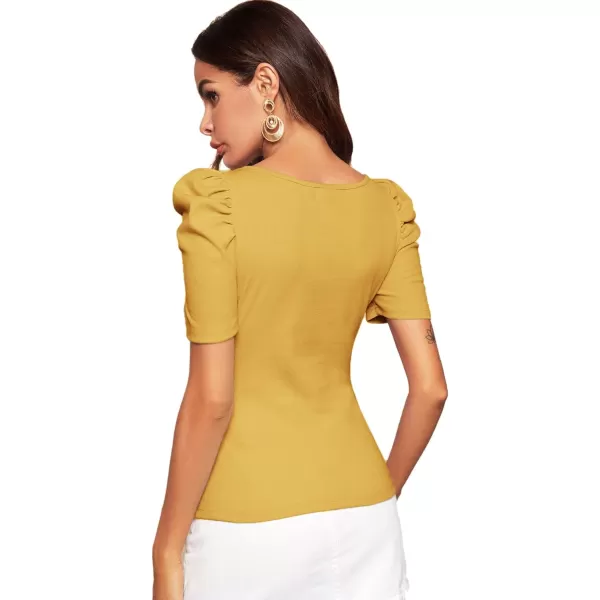 WDIRARA Women's Puff Sleeve Square Neck Short Sleeve Elegant Tee Top