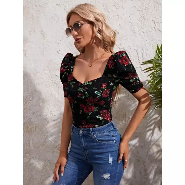 WDIRARA Women's Puff Sleeve Square Neck Short Sleeve Elegant Tee Top