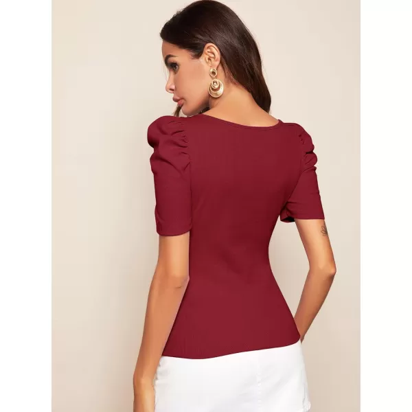 WDIRARA Women's Puff Sleeve Square Neck Short Sleeve Elegant Tee Top